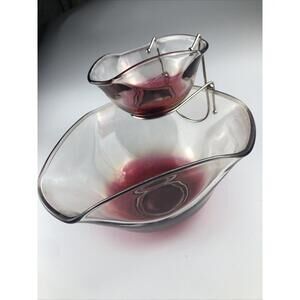 Anchor Hocking Chip & Dip Set Cranberry Flash Pink Ombre Glass Vintage